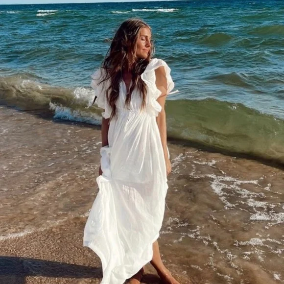 New Flowy Plunge Maxi Gauze Cover Up Dress Summer White